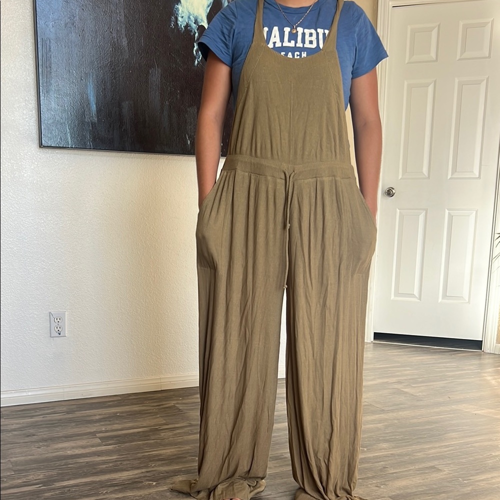 Free People Tan Jumpsuit with Wide-Leg Design and Elastic Waist